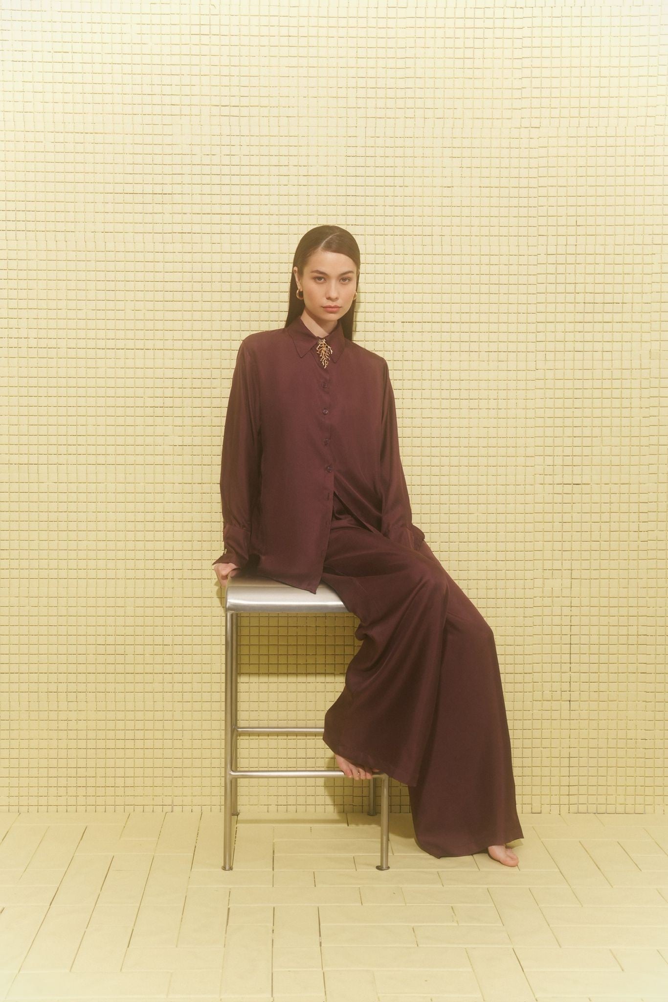 Bordo Twill İpek Pantolon