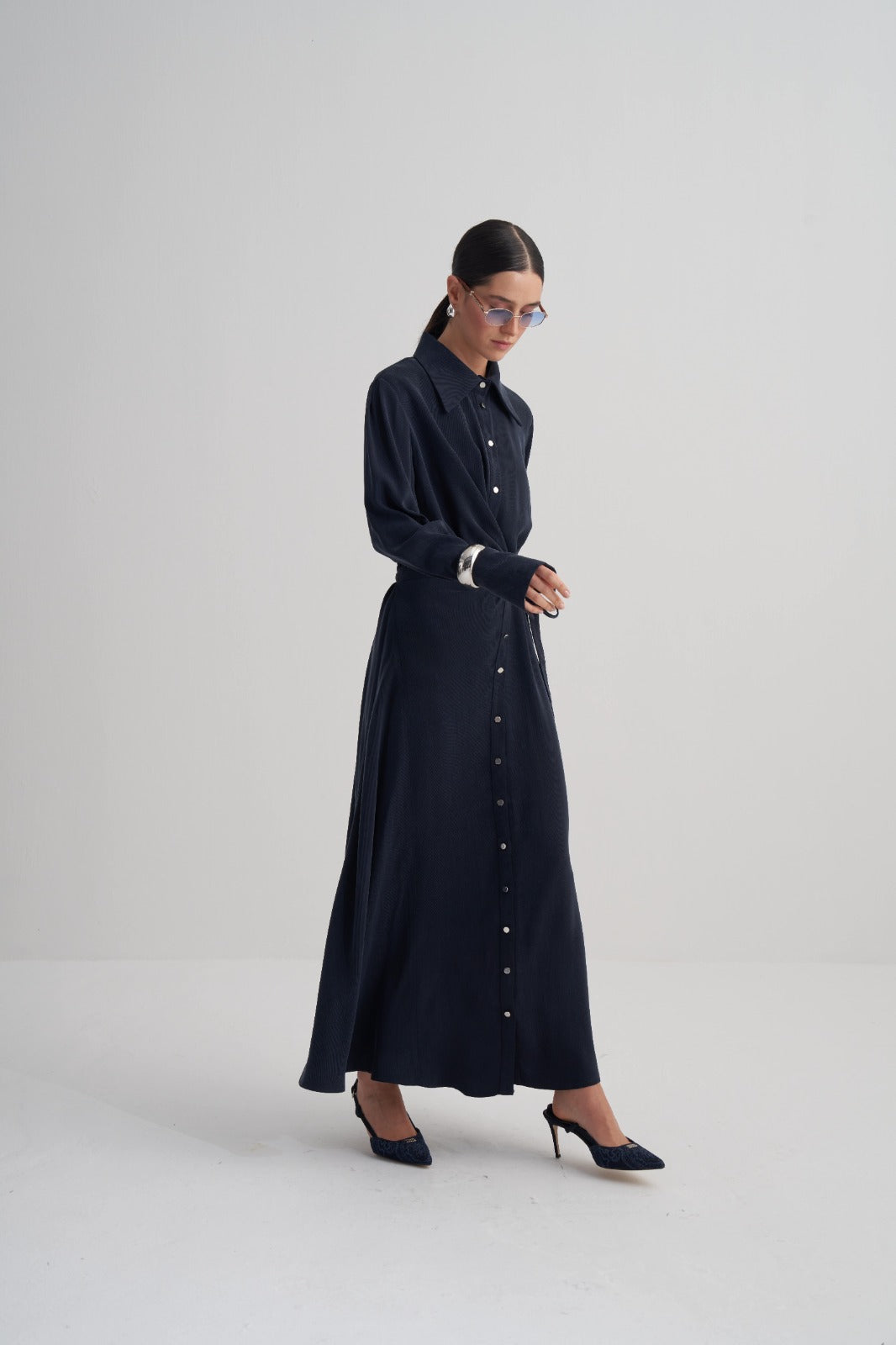 Kemerli Lacivert Cupro Elbise