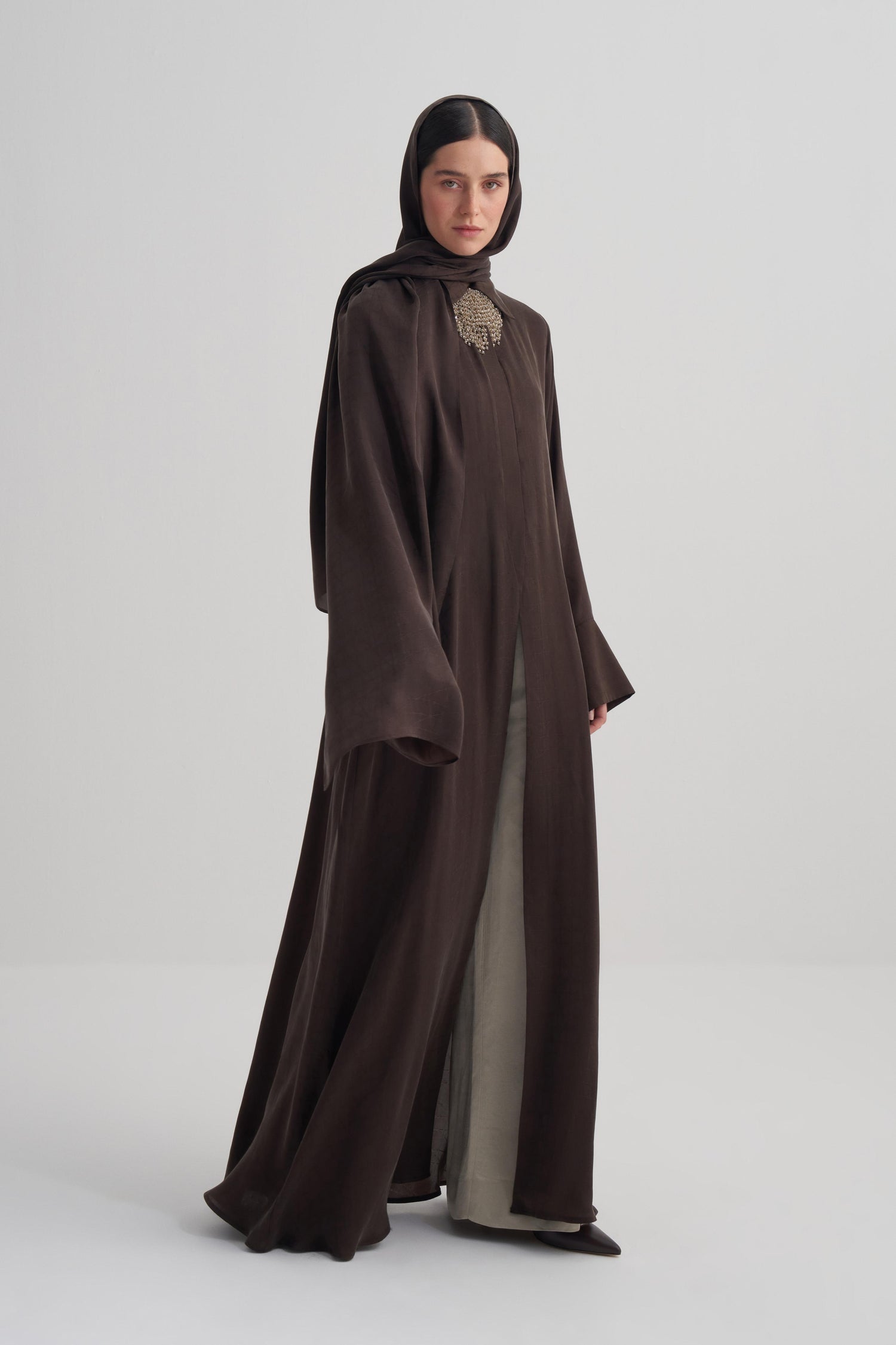 Kahverengi Cupro Jakar Geometrik Abaya Şal Takım