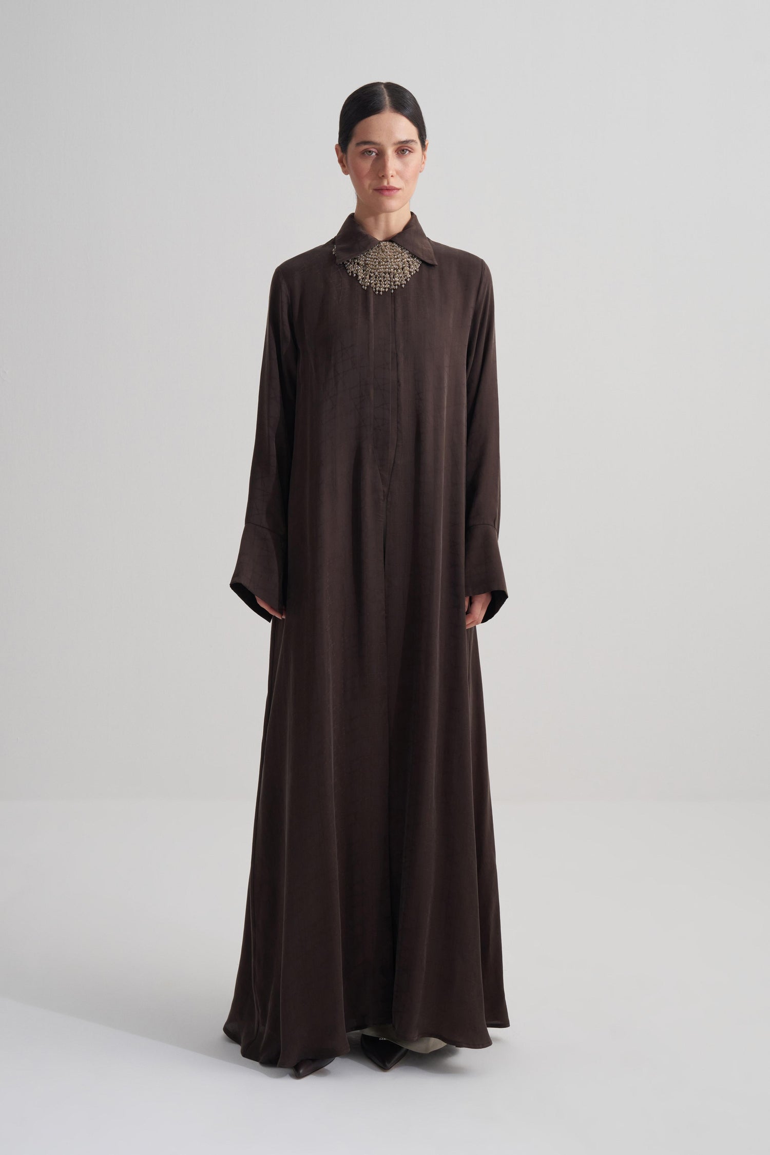 Kahverengi Cupro Jakar Geometrik Abaya