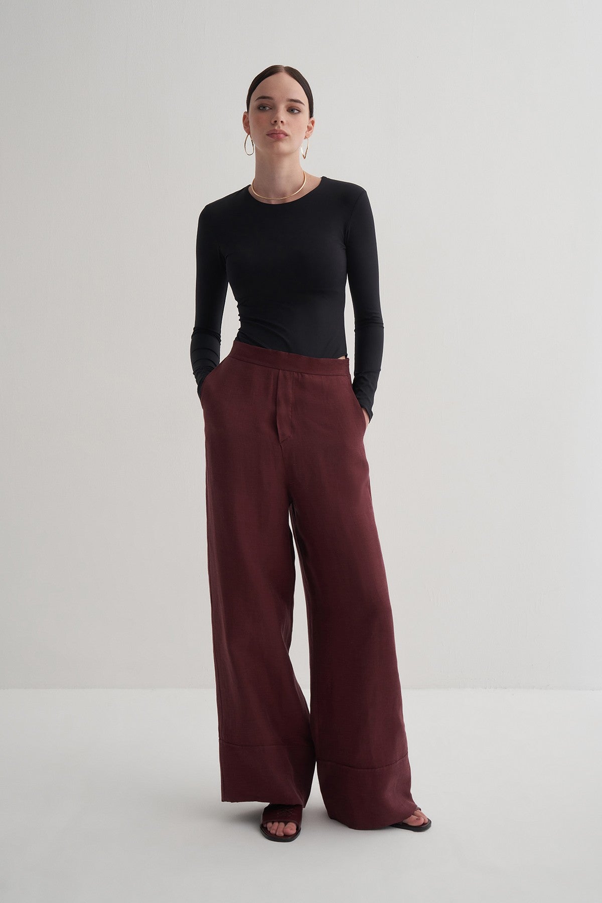 Bordo Cupro Keten Pantolon