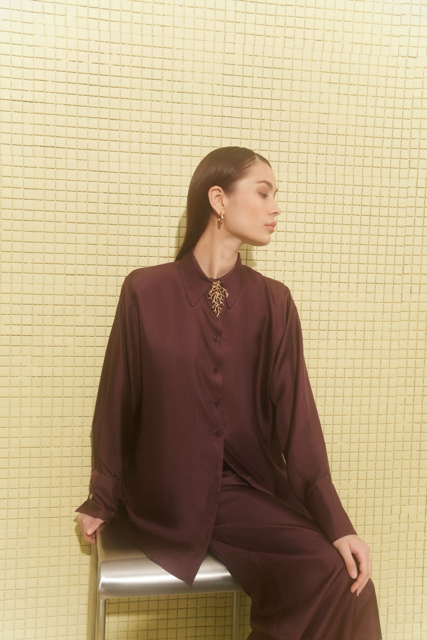 Bordo Twill İpek Pantolon