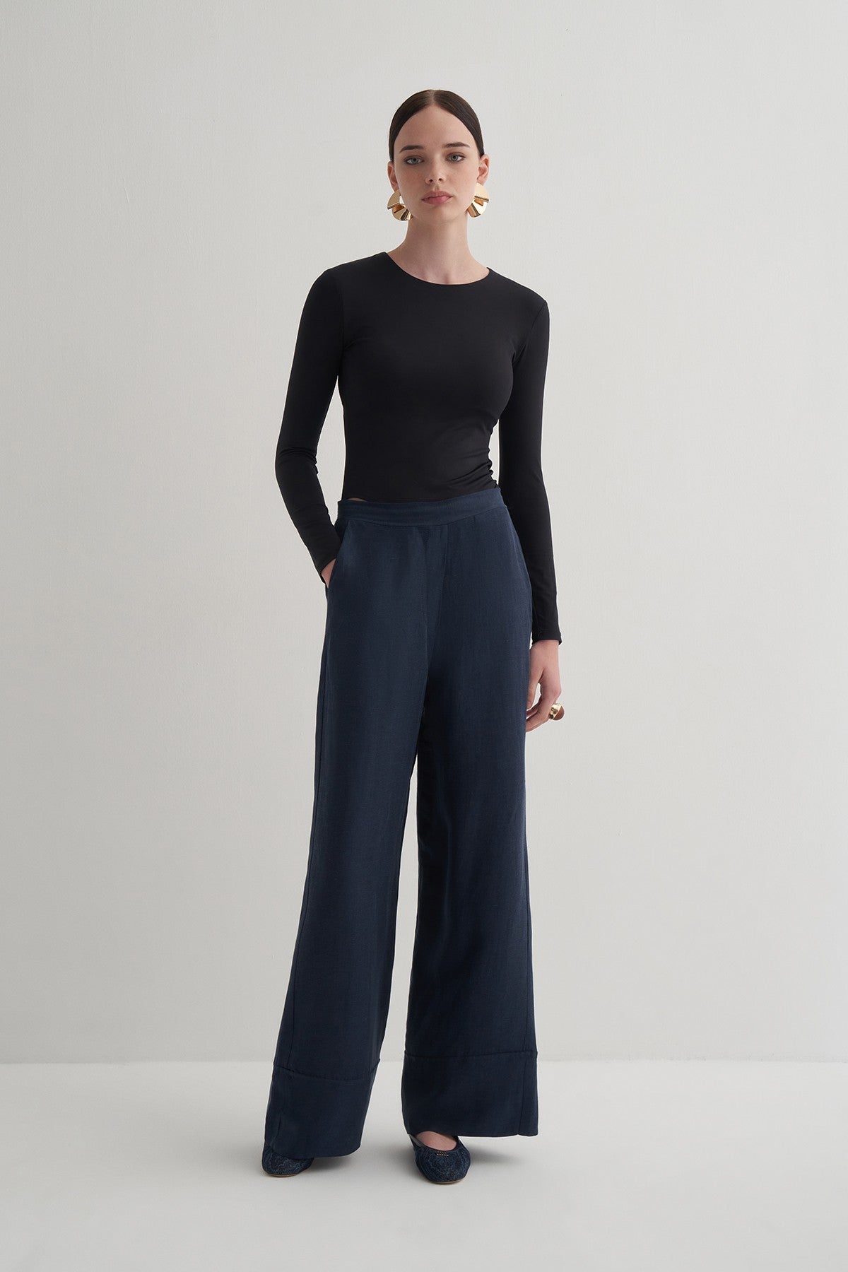 Lacivert Cupro Keten Pantolon