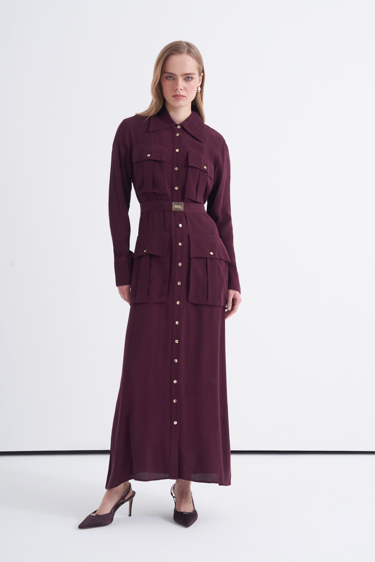 Bordo Cupro Viscose Düğmeli Elbise
