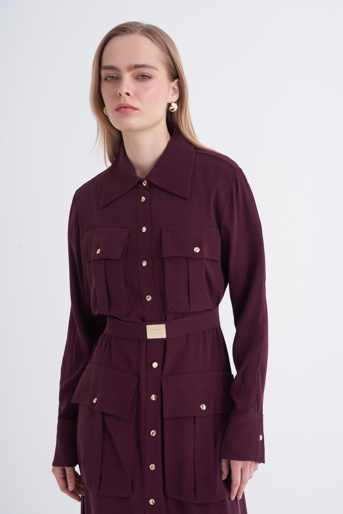 Bordo Cupro Viscose Düğmeli Elbise