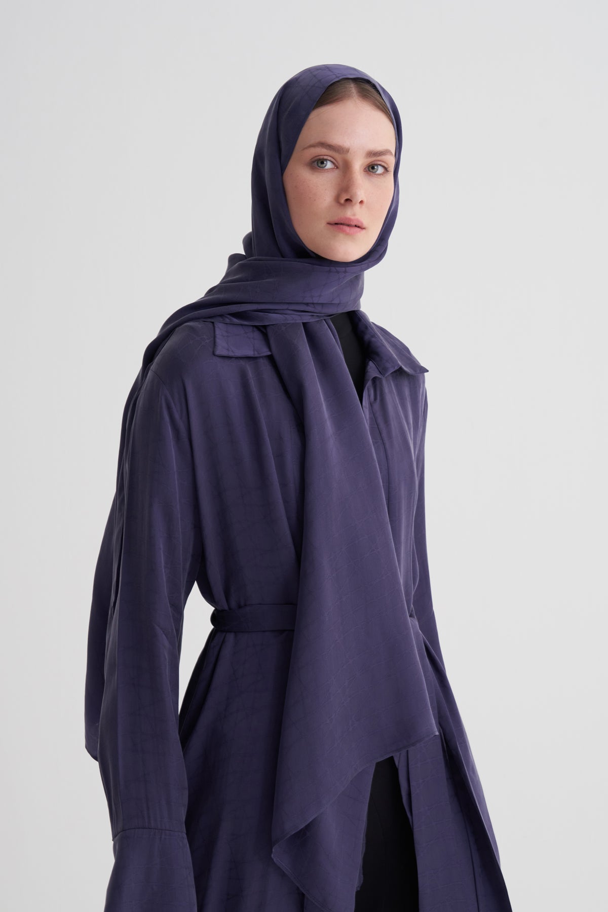 Morcivert Cupro Jakar Geometrik Abaya Şal Takım