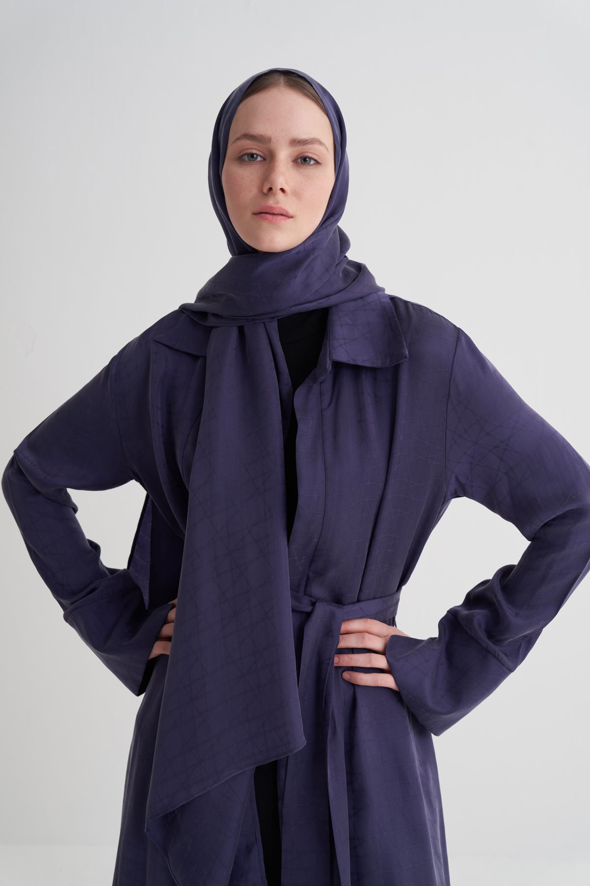 Morcivert Cupro Jakar Geometrik Abaya Şal Takım