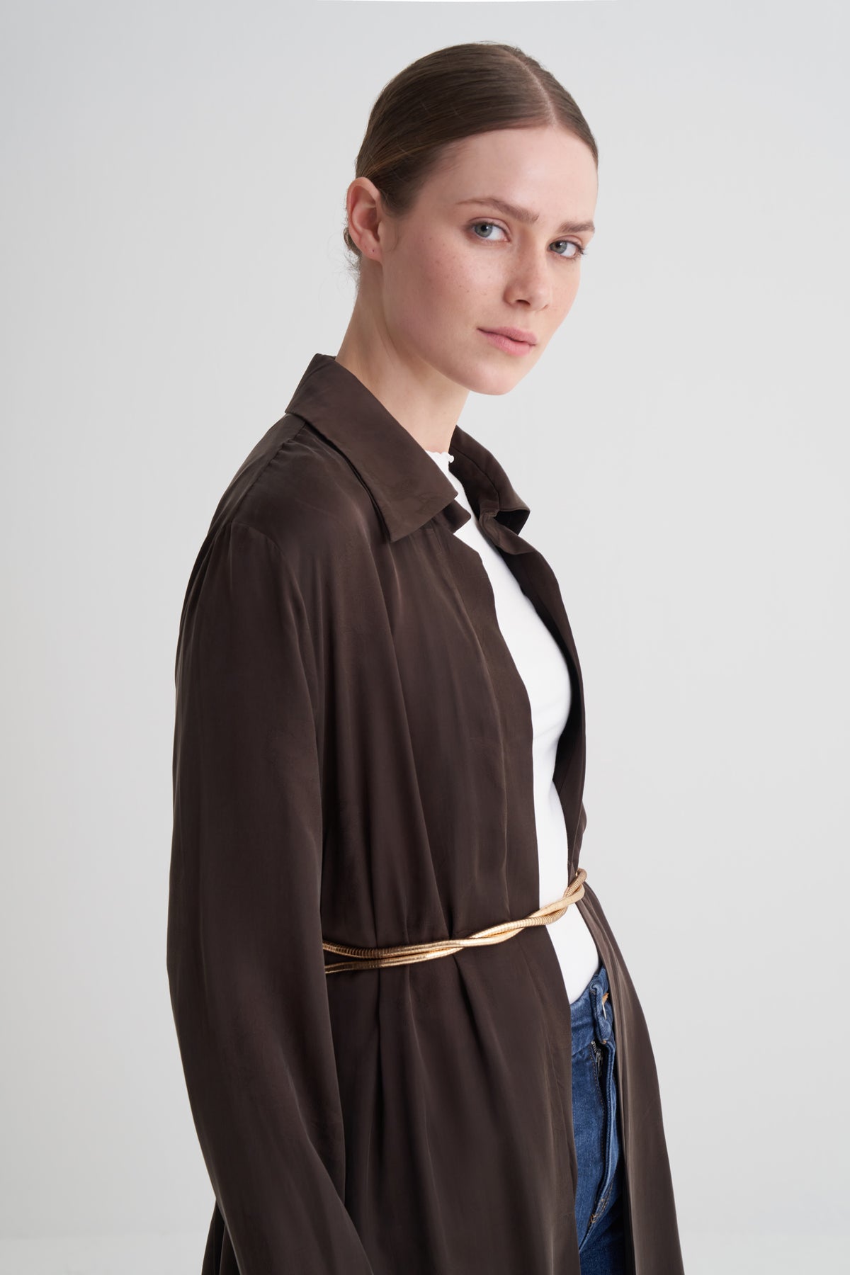 Kahverengi Cupro Jakar Çiçekli Abaya