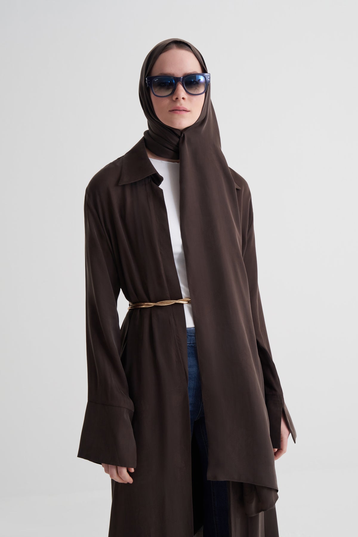 Kahverengi Cupro Jakar Çiçekli Abaya Şal Takım