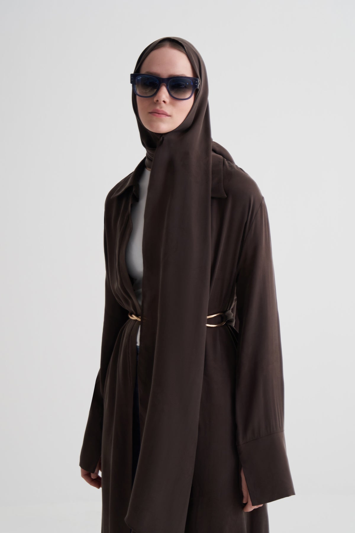 Kahverengi Cupro Jakar Çiçekli Abaya Şal Takım