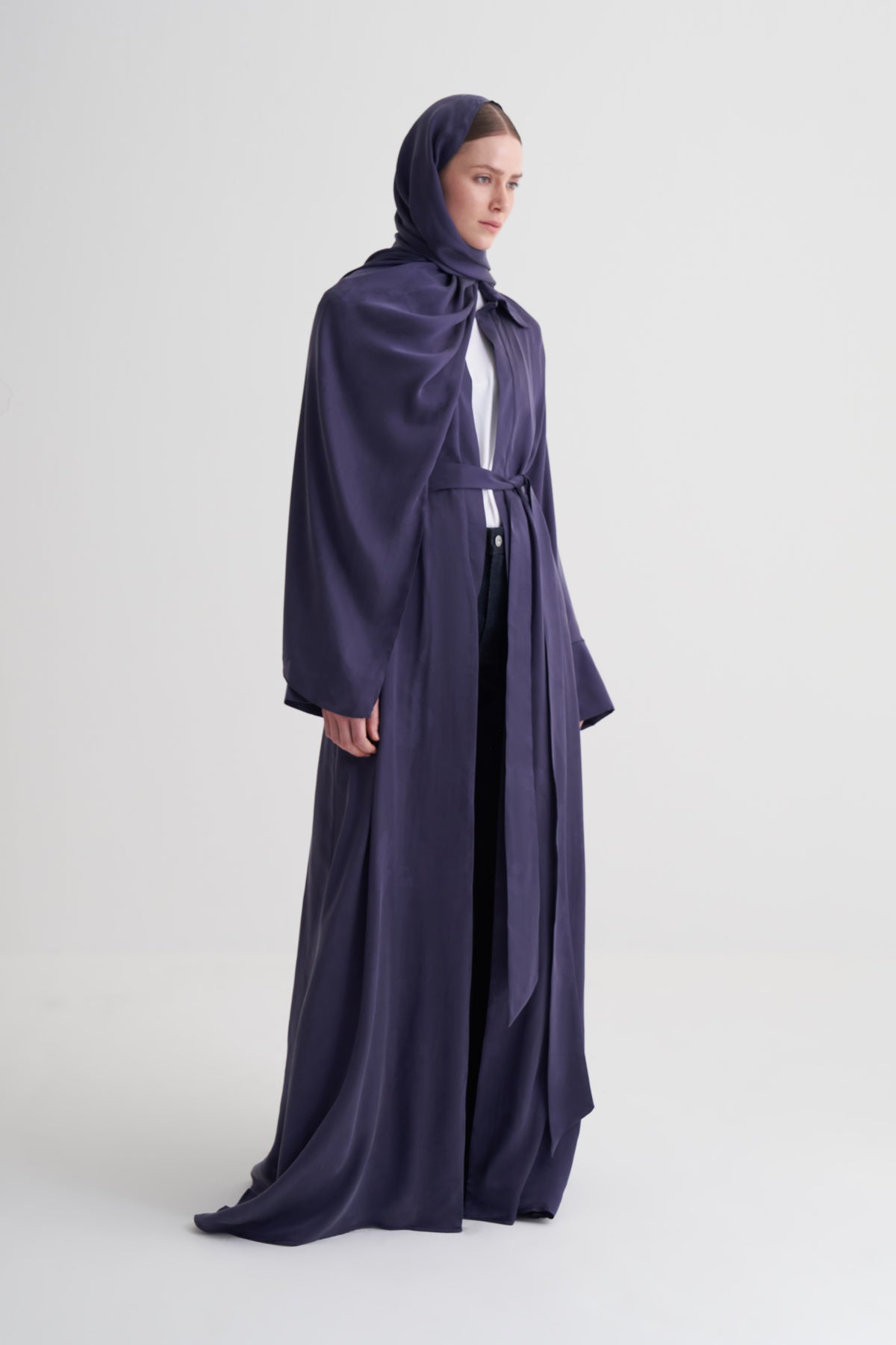 Morcivert Cupro Jakar Çiçekli Abaya Şal Takım