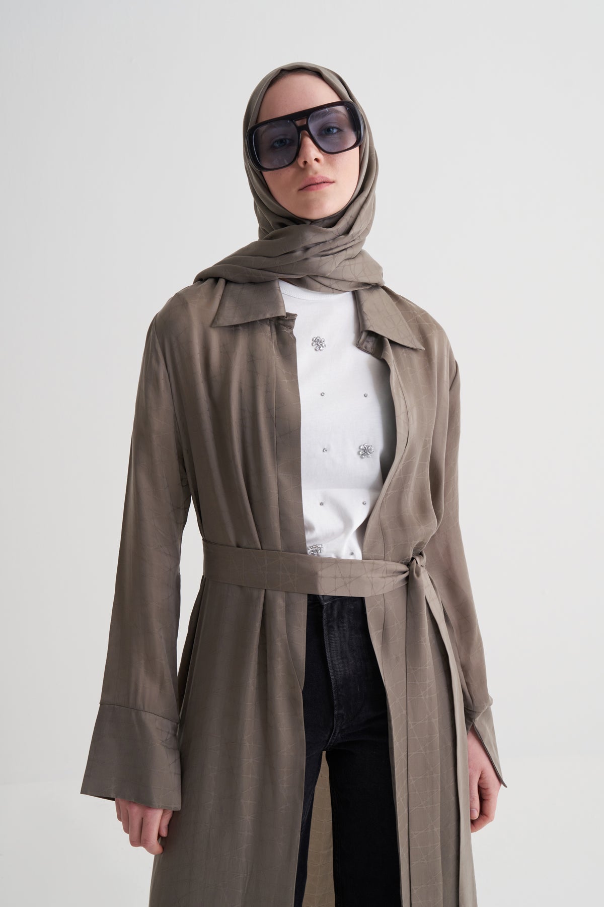 Vizon Cupro Jakar Geometrik Abaya Şal Takım