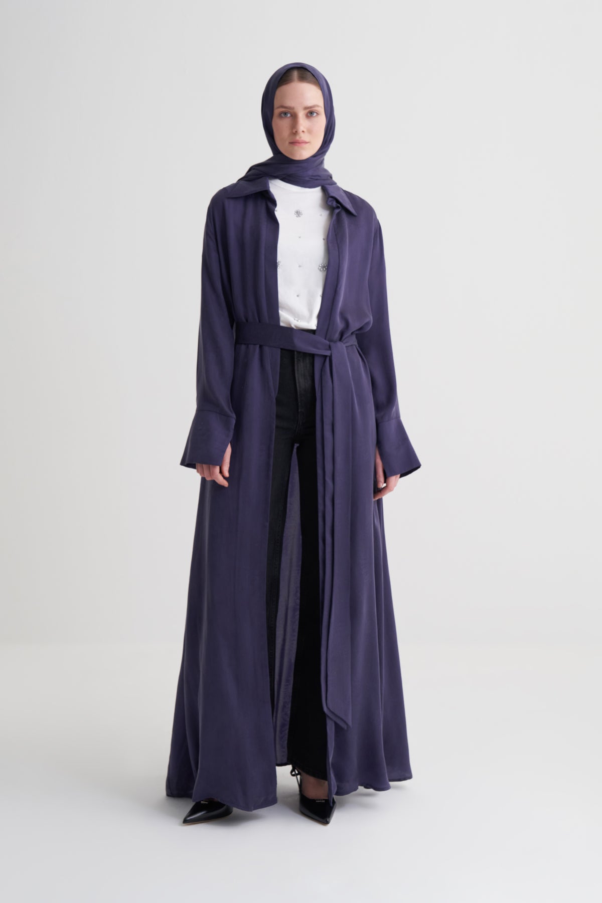 Morcivert Cupro Jakar Yapraklı Abaya Şal Takım