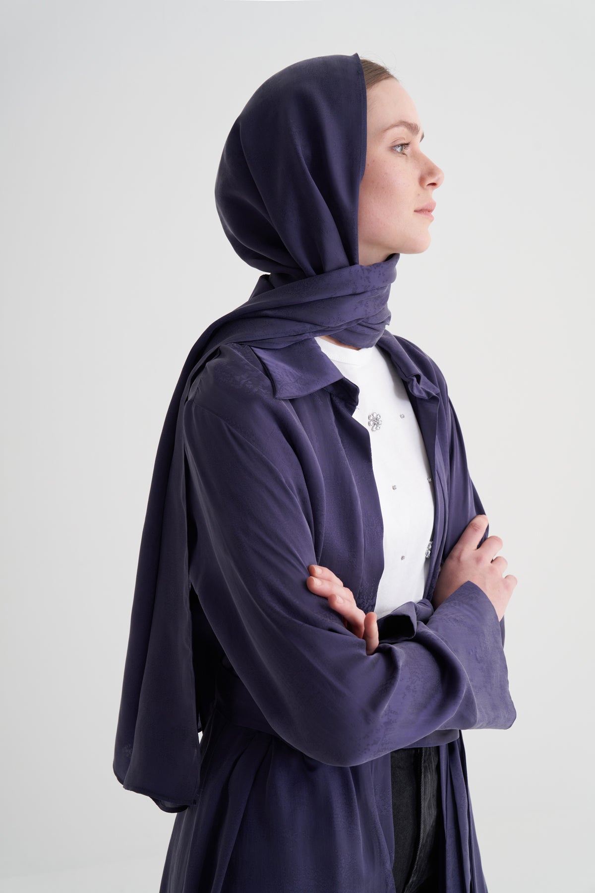 Morcivert Cupro Jakar Yapraklı Abaya Şal Takım