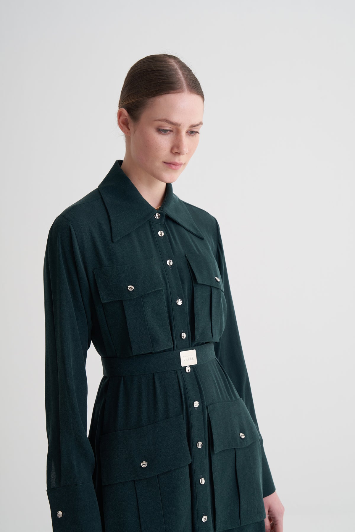 Yeşil Cupro Viscose Düğmeli Elbise