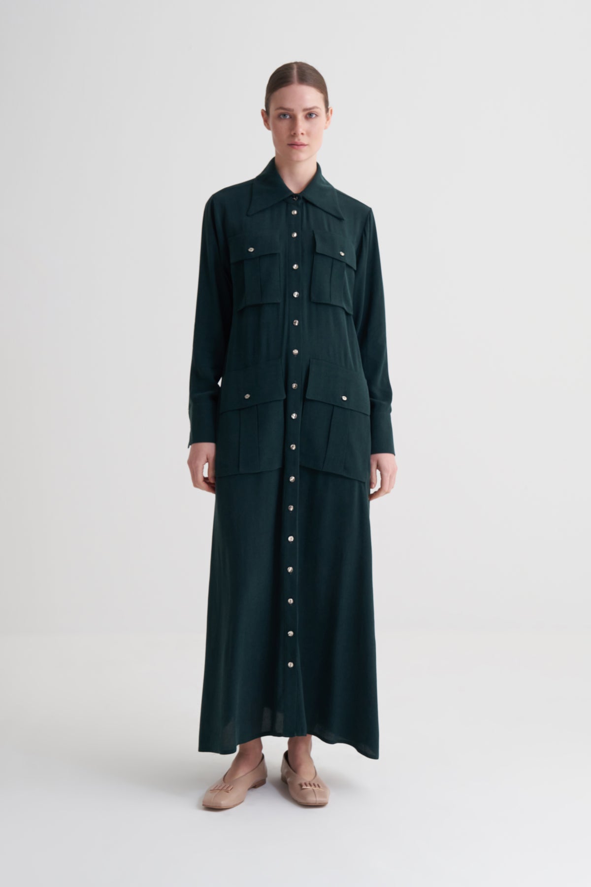 Yeşil Cupro Viscose Düğmeli Elbise