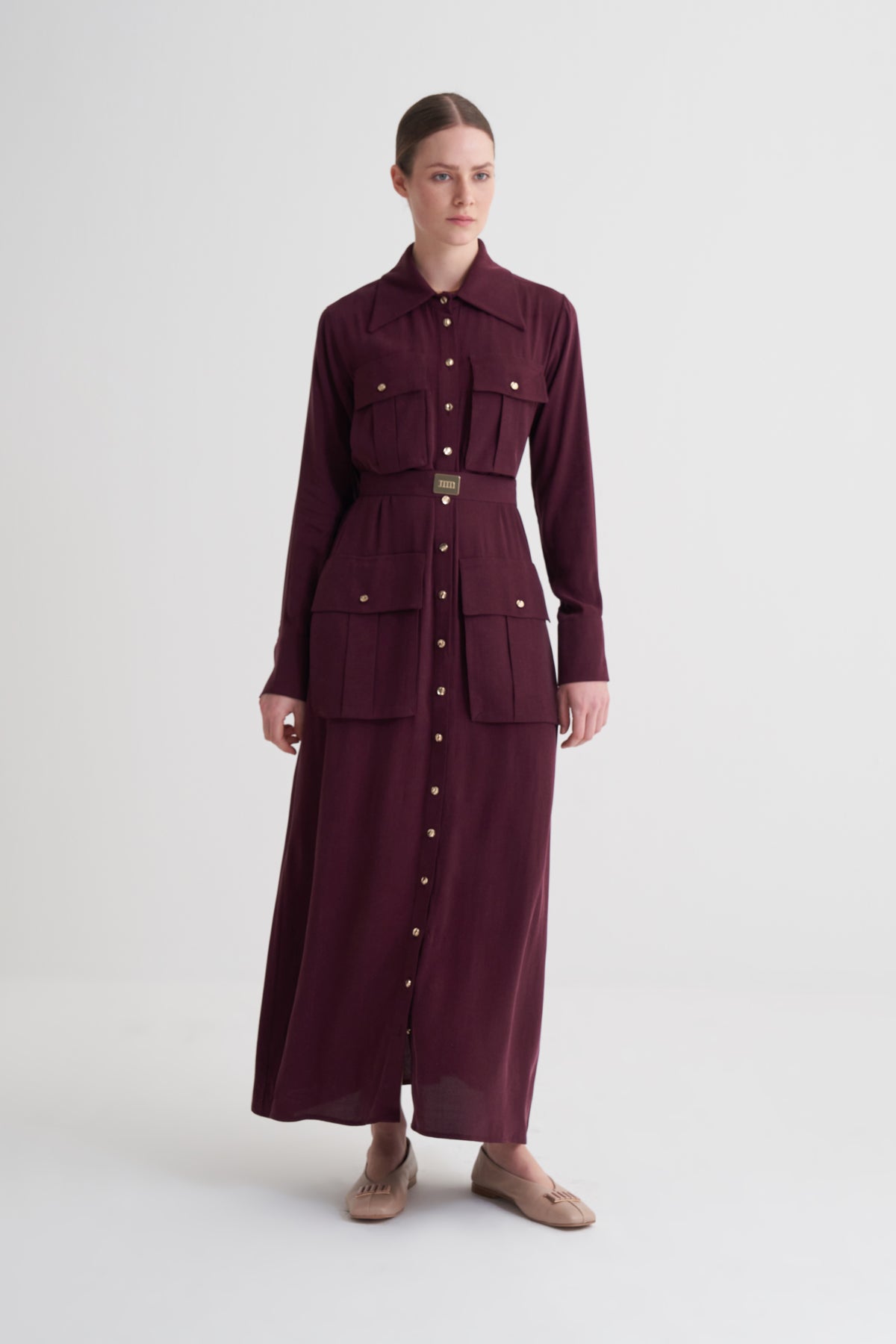 Bordo Cupro Viscose Düğmeli Elbise