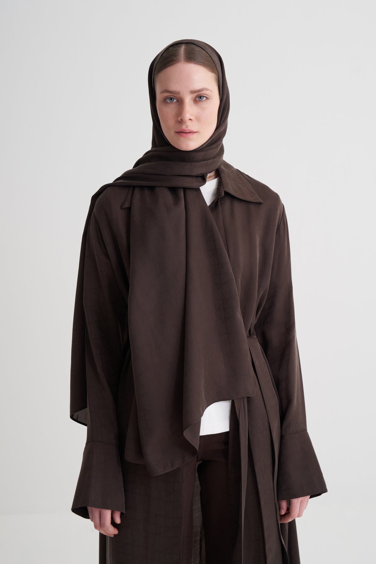 Kahverengi Cupro Jakar Geometrik Abaya Şal Takım