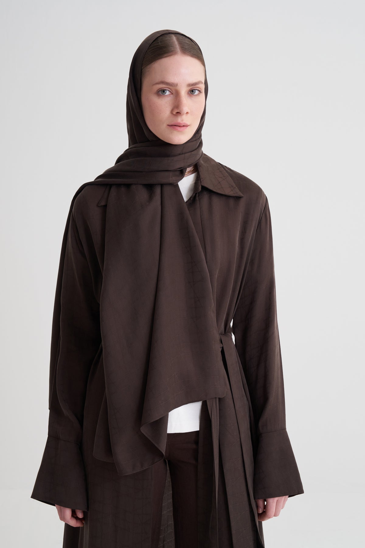 Kahverengi Cupro Jakar Geometrik Abaya Şal Takım