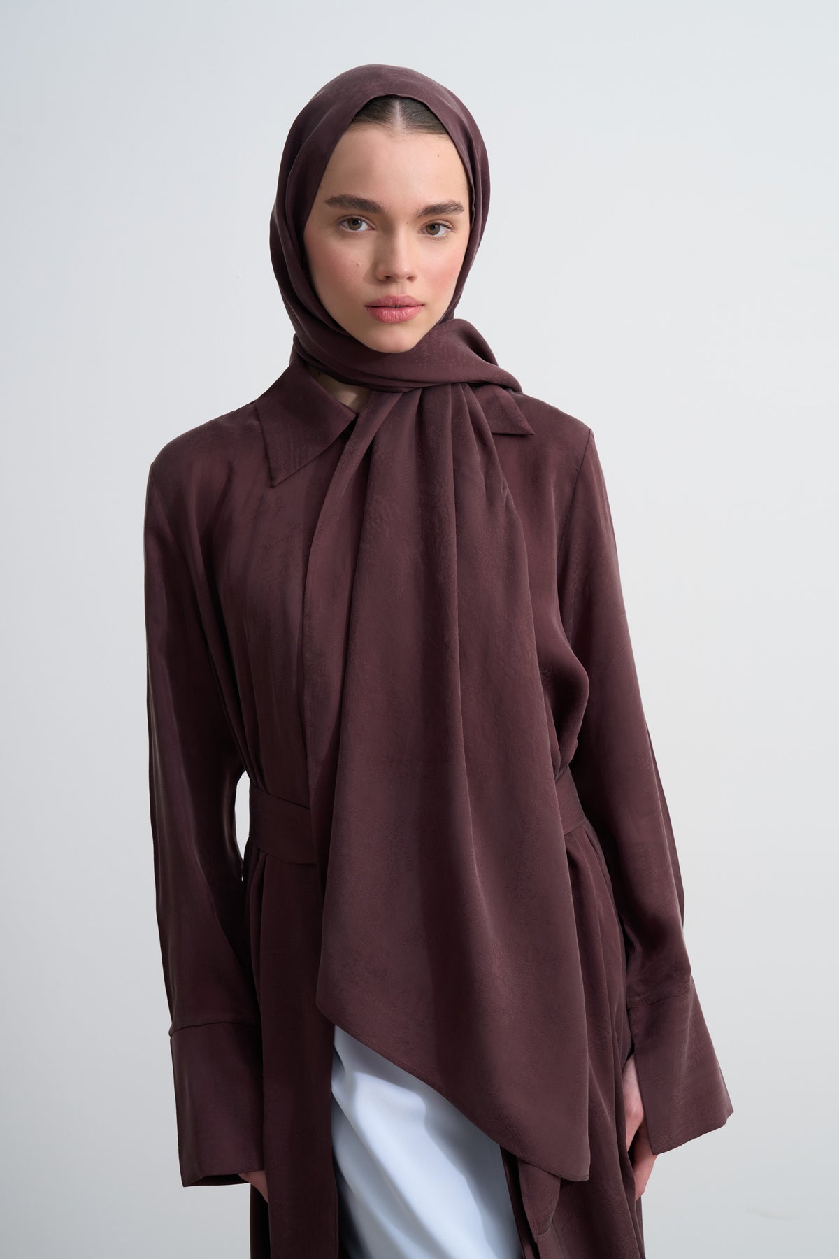 Bordo Cupro Jakar Yapraklı Abaya Şal Takım