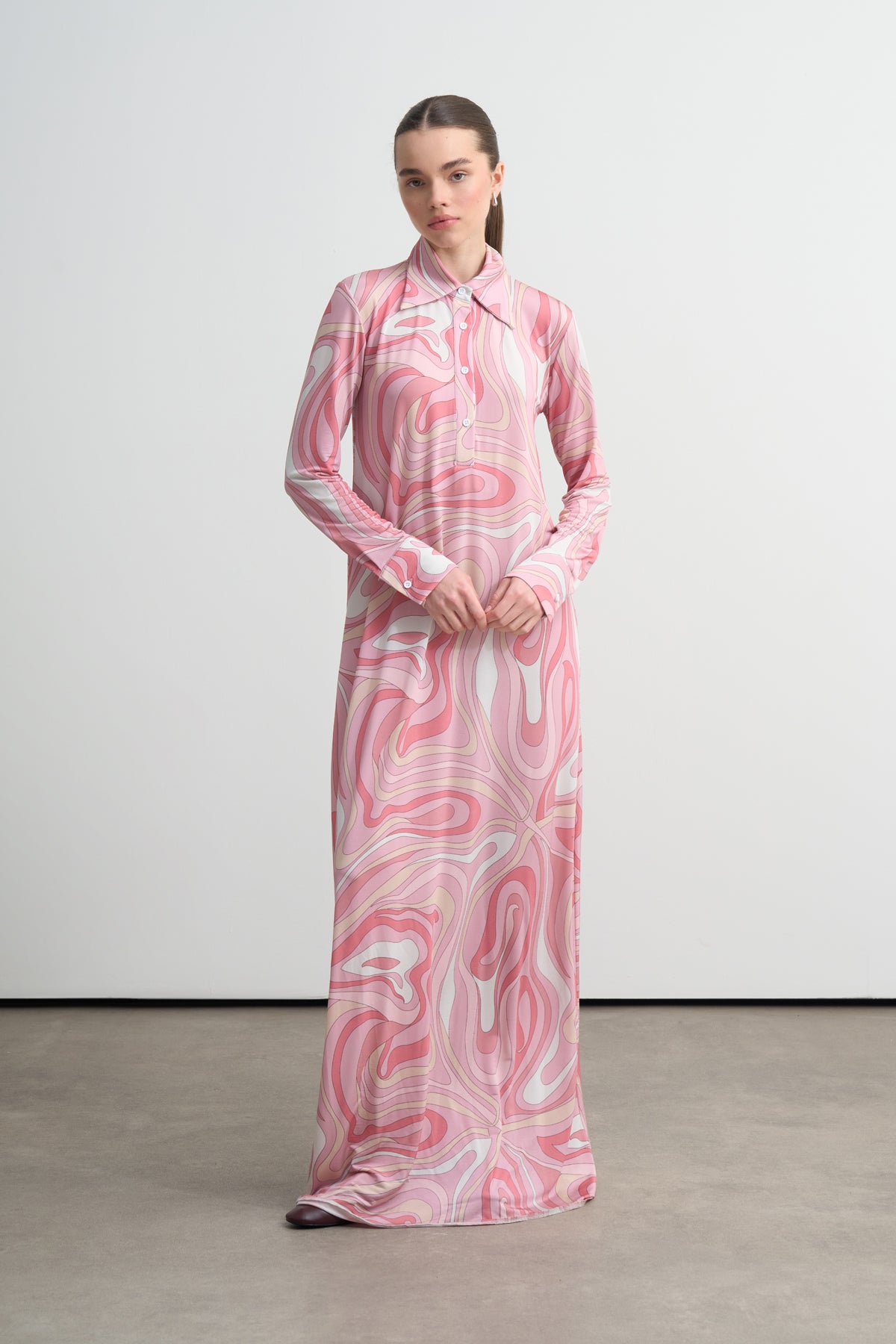 Pembe Dalgalı Maxi Elbise