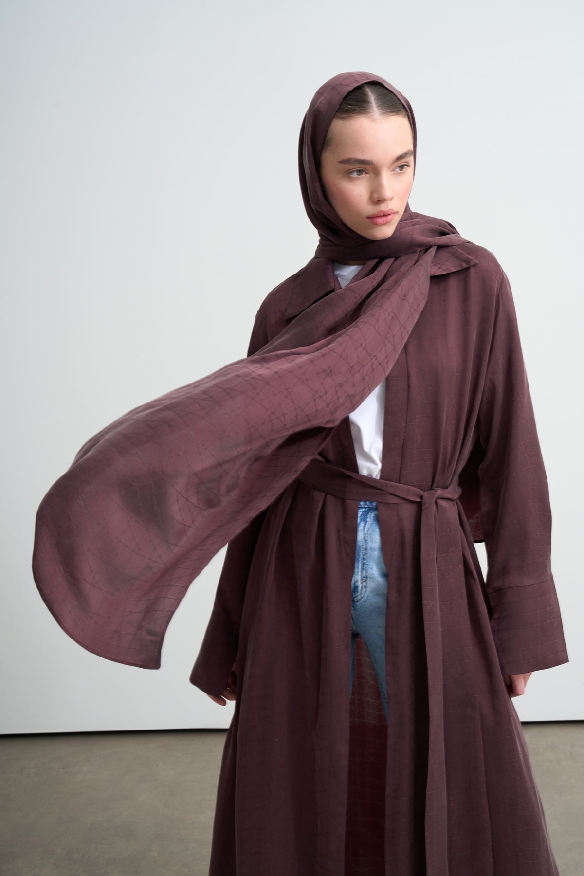 Bordo Cupro Jakar Geometrik Abaya Şal Takım