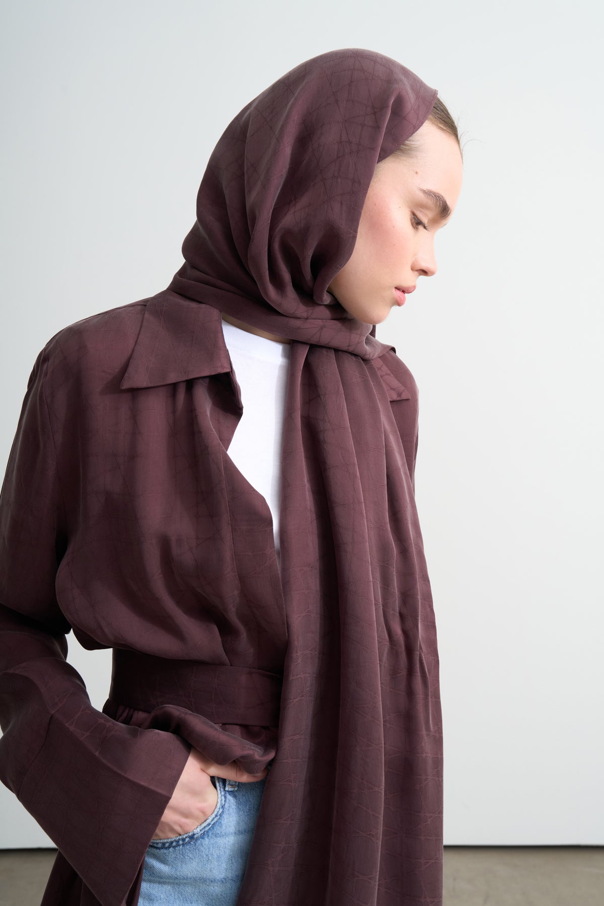 Bordo Cupro Jakar Geometrik Abaya Şal Takım