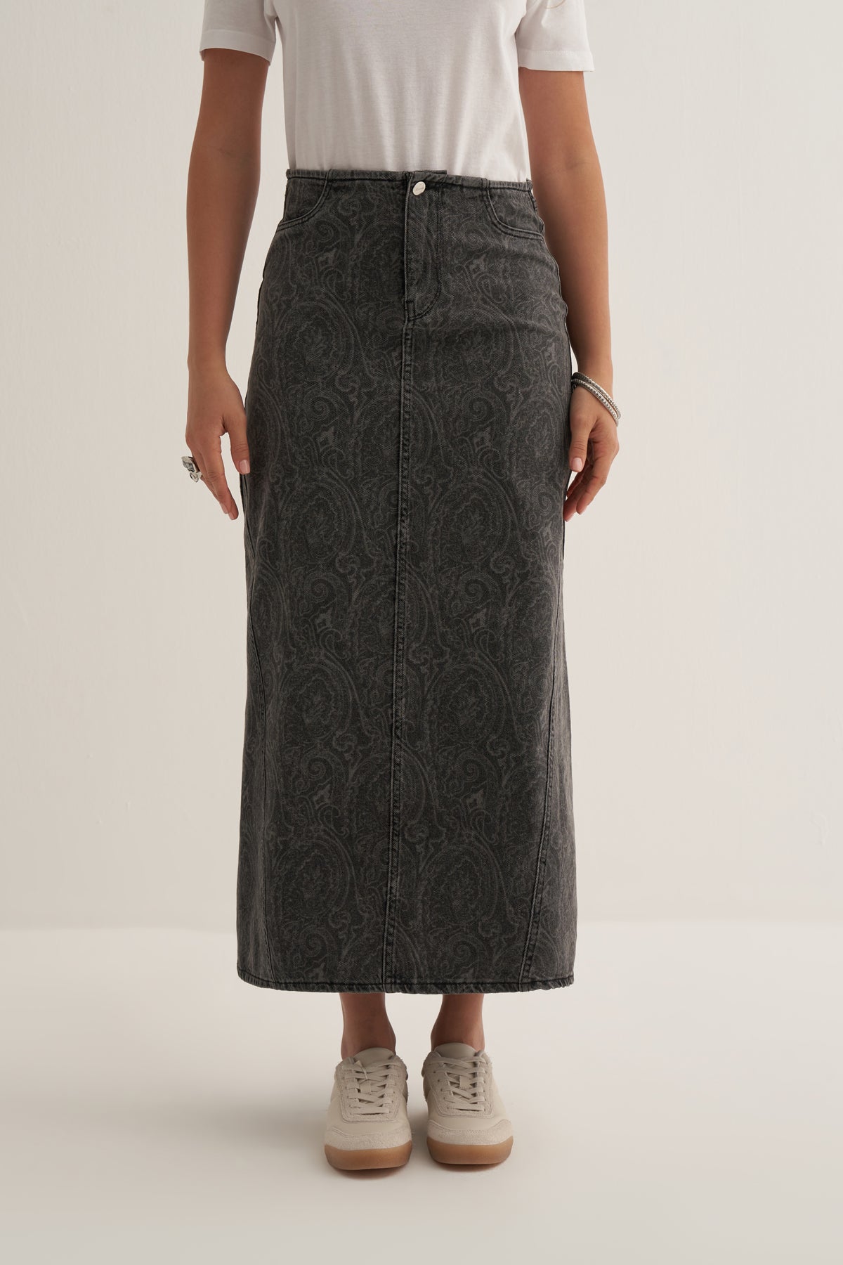 Gri Paisley Denim Etek