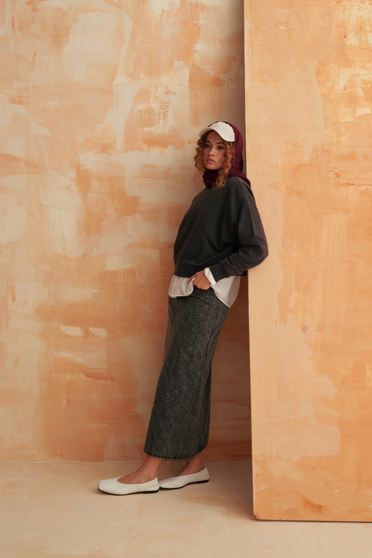 Gri Paisley Denim Etek