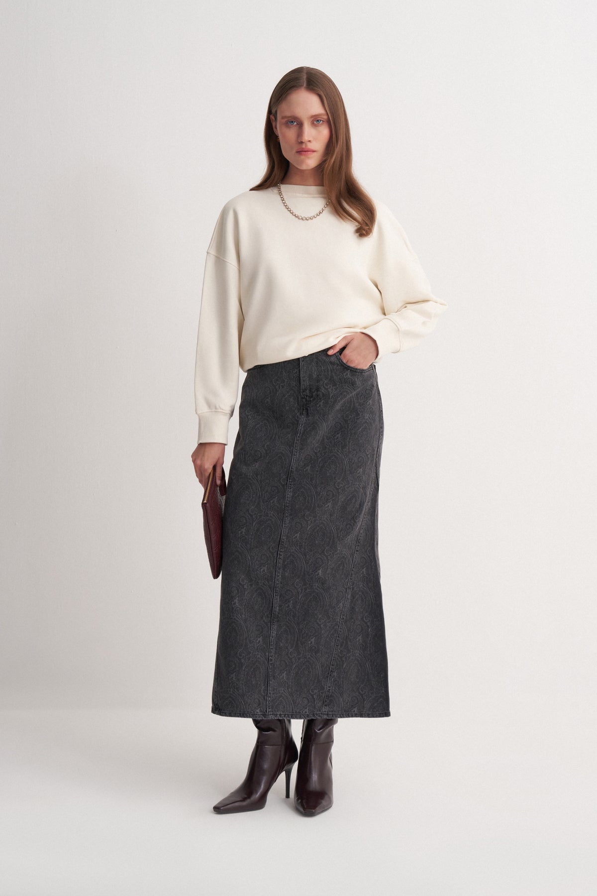 Gri Paisley Denim Etek