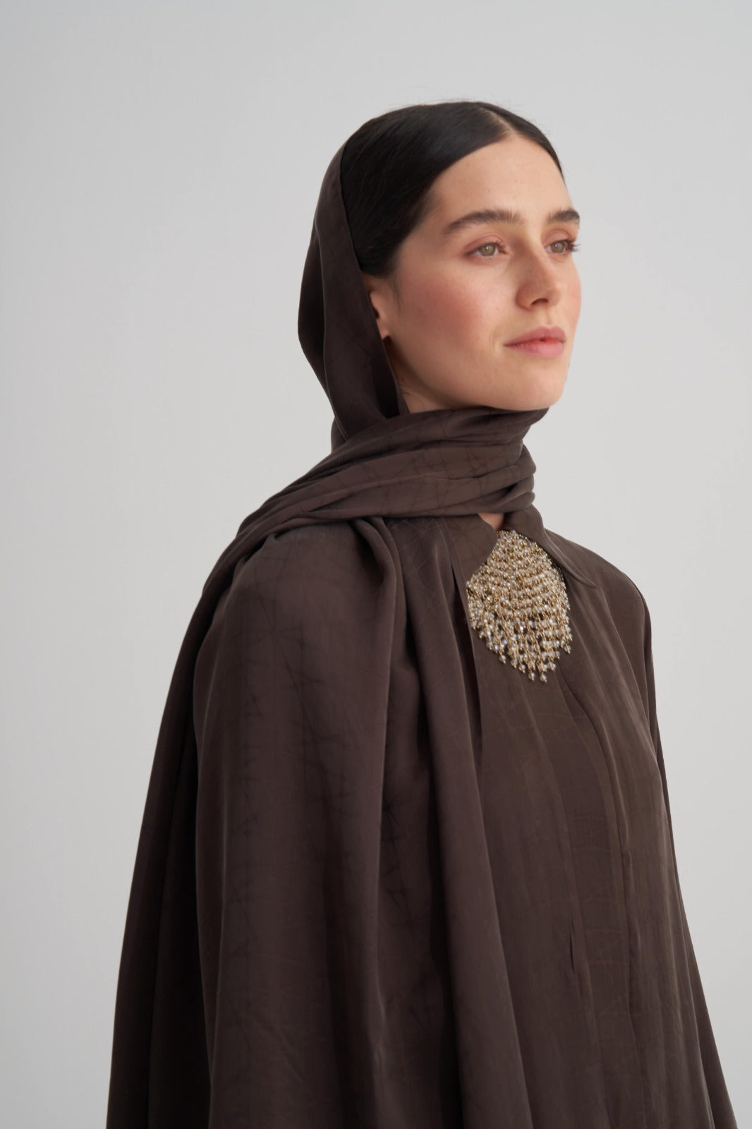 Kahverengi Cupro Jakar Geometrik Şal