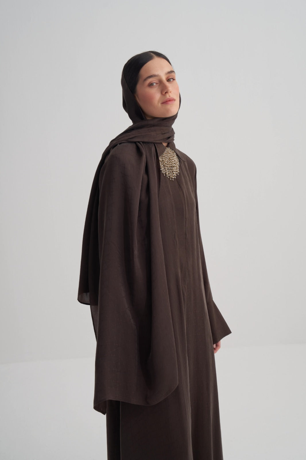 Kahverengi Cupro Jakar Geometrik Şal