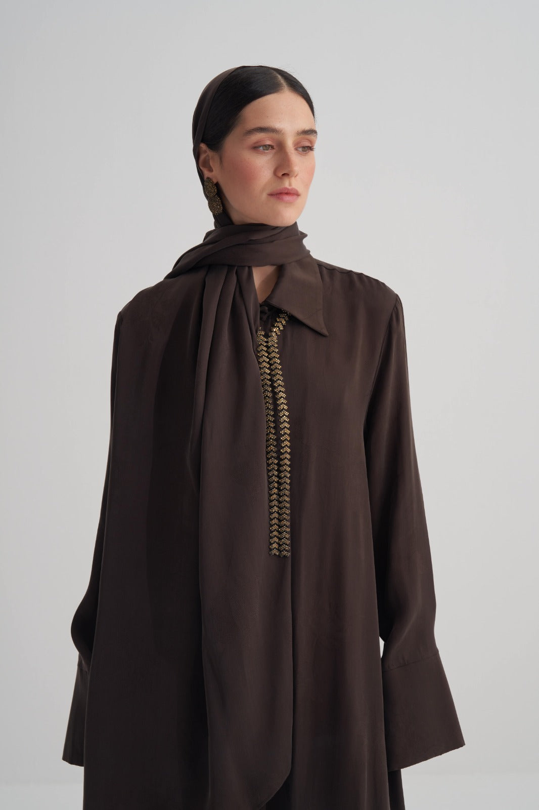 Kahverengi Cupro Jakar Çiçekli Şal