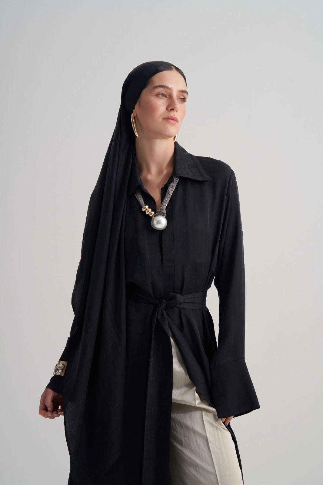 Siyah Cupro Jakar Geometrik Abaya Şal Takım