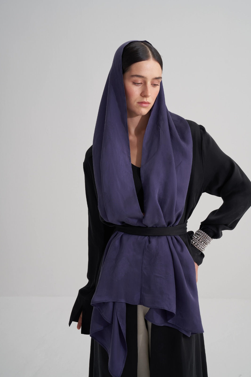 Morcivert Cupro Jakar Yapraklı Şal