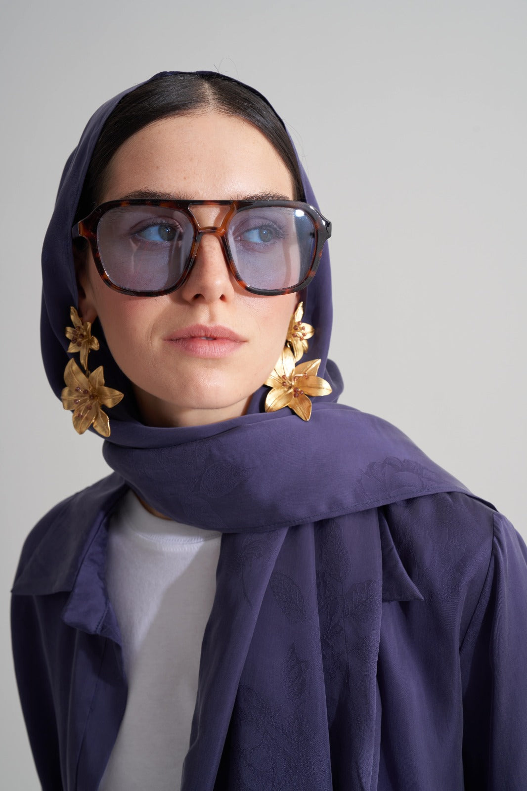 Morcivert Cupro Jakar Çiçekli Şal