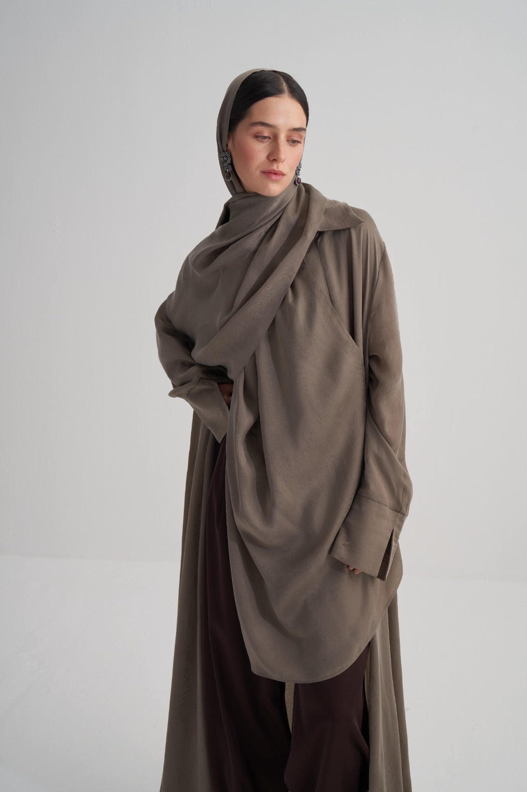 Yeşil Cupro Jakar Yapraklı Abaya Şal Takım