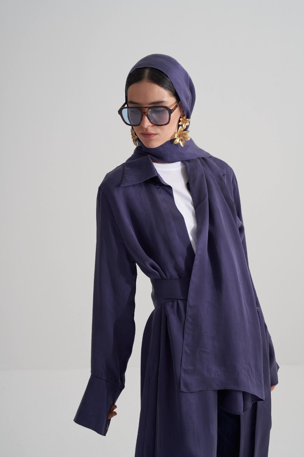 Morcivert Cupro Jakar Çiçekli Abaya Şal Takım