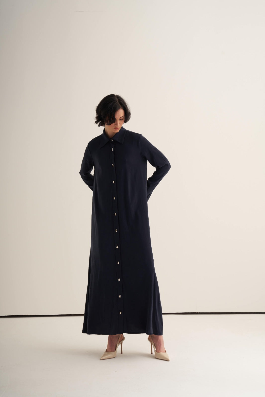 Cupro Lacivert Düğmeli Elbise