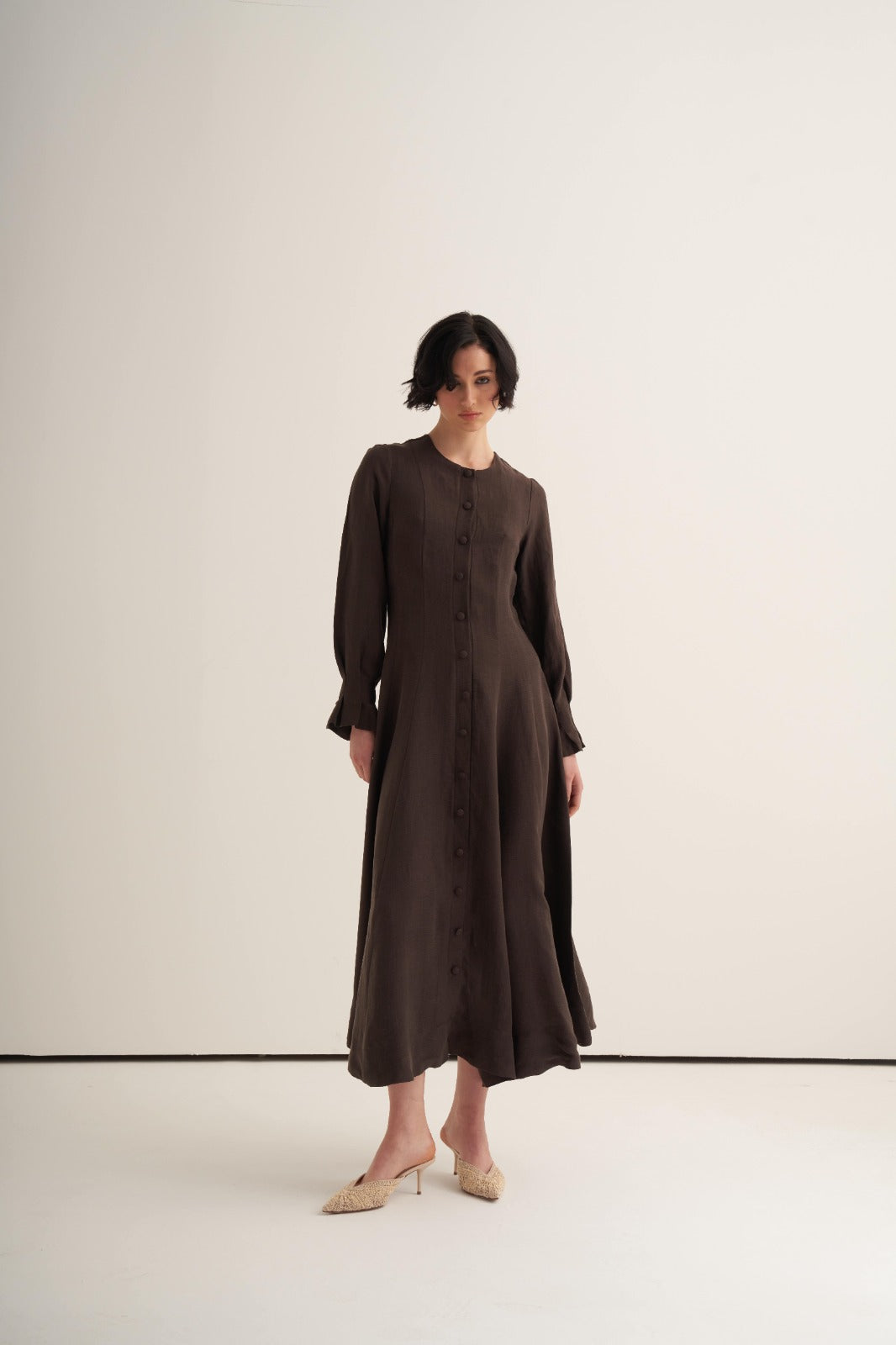 Kahverengi Cupro Keten Elbise