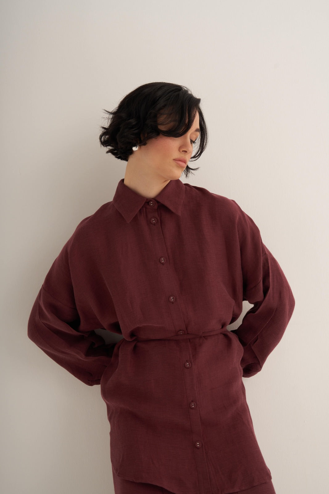 Bordo Cupro Keten Gömlek