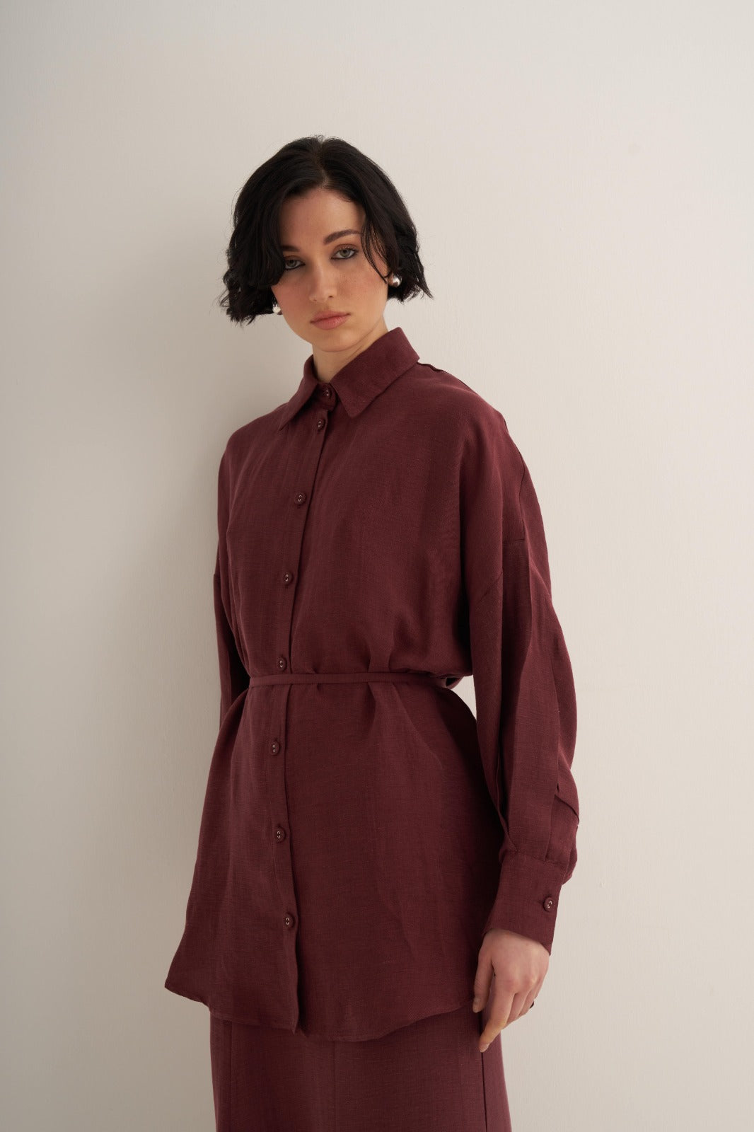 Bordo Cupro Keten Gömlek